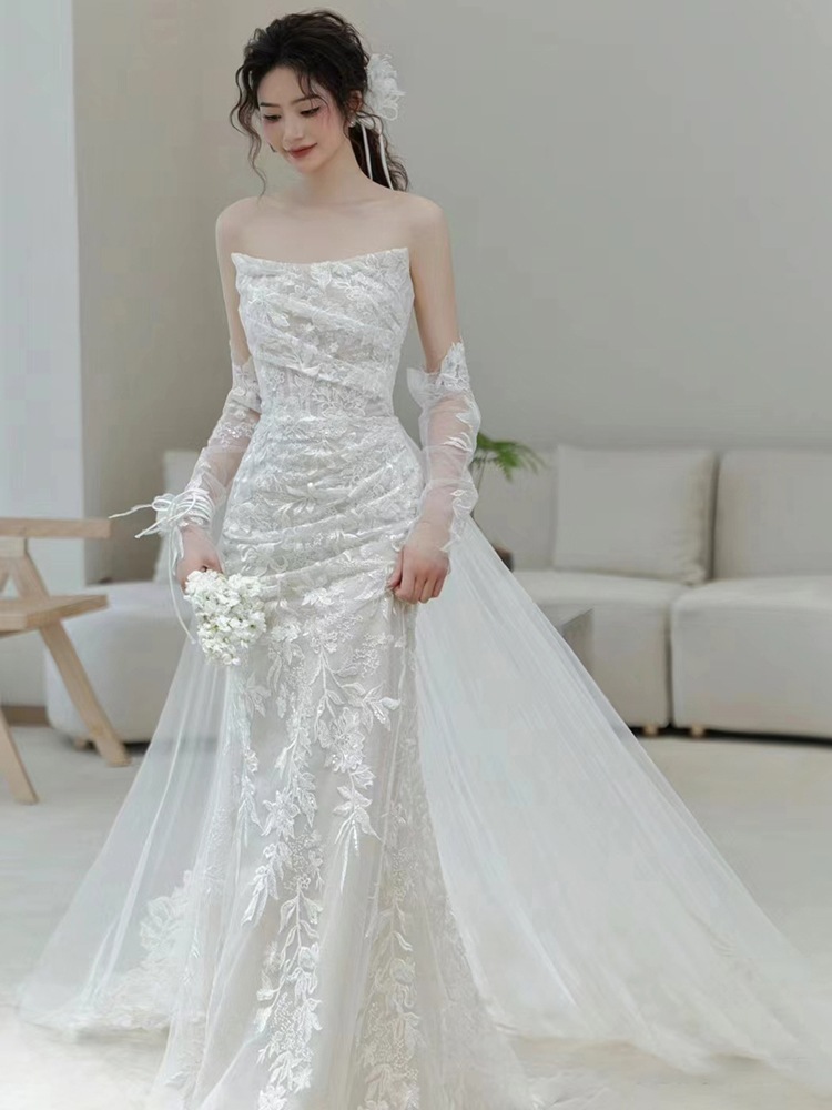 フレンチテールライトウェディングドレス花嫁2025プリンセショルダー小男お出かけゲスト歓迎ガーゼドレス 16,493円