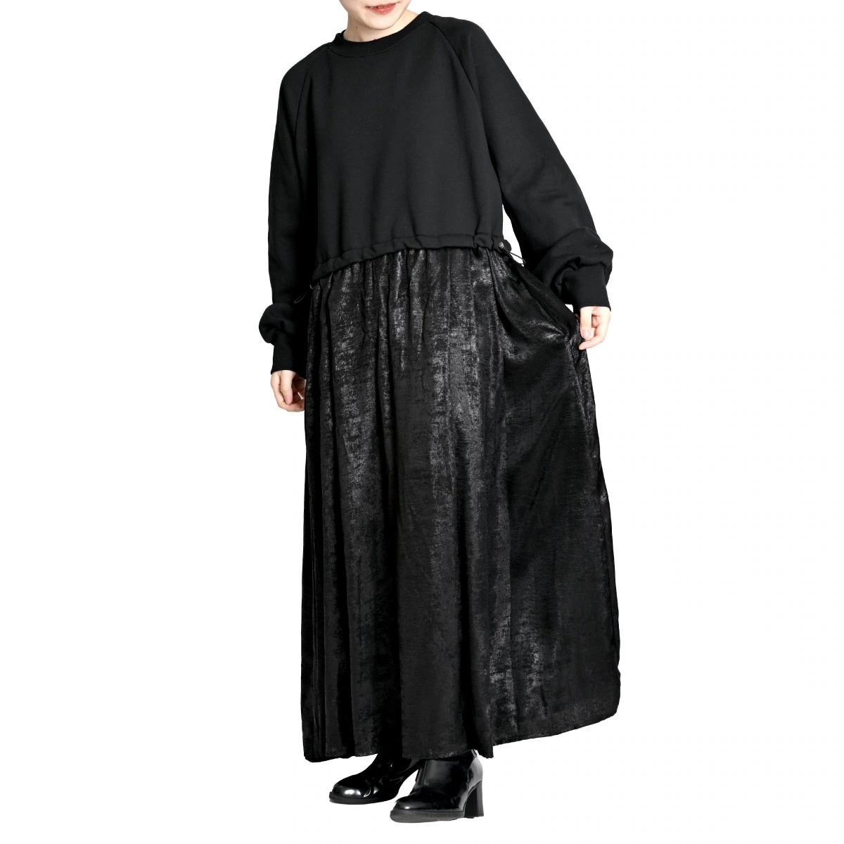 ワンピース ドッキングワンピース レディース 昼と夜を纏うドッキングワンピース ロング丈 裏起毛 スウェット トレーナー 光沢 長袖 秋 秋服 冬 冬服 楽ちん 体型カバー ゆったり