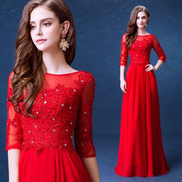 【本日特価】 赤 カラードレス ロングドレス 安い パーティードレス 結婚式 コンサート 長袖 イブニングドレス ドレス