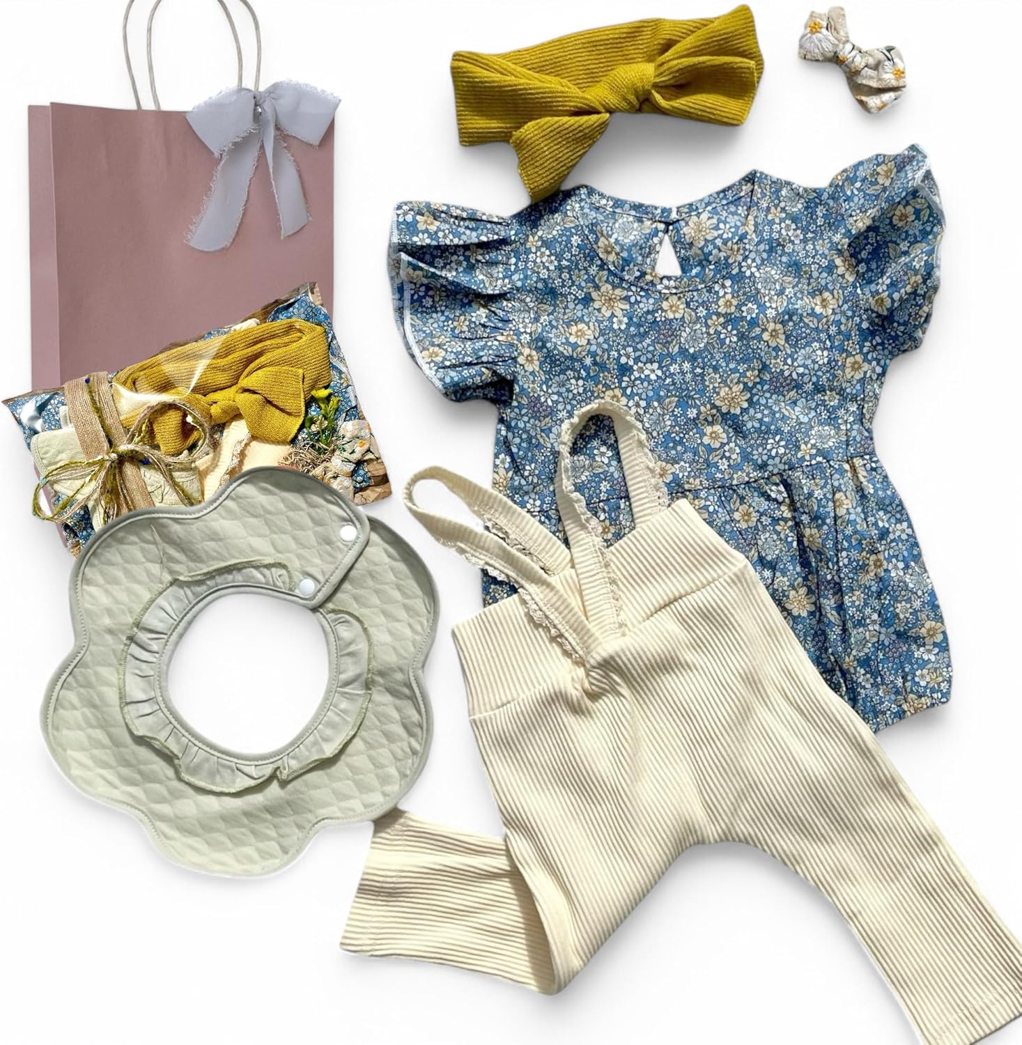 mic.an 出産祝い 女の子 ベビー服 7 セット スタイ ロンパース ラッピング 手提げ袋付き ミックアン (blue, 7)