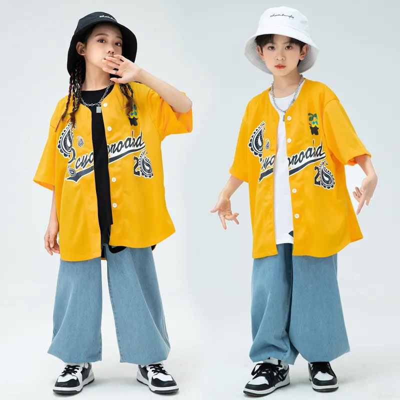 キッズ ダンス衣装 セットアップ ベースボールシャツ カジュアルシャツ 半袖 柄シャツ 黒 白 ベスト ゆったり トップス デニムパンツ サルエルパンツ