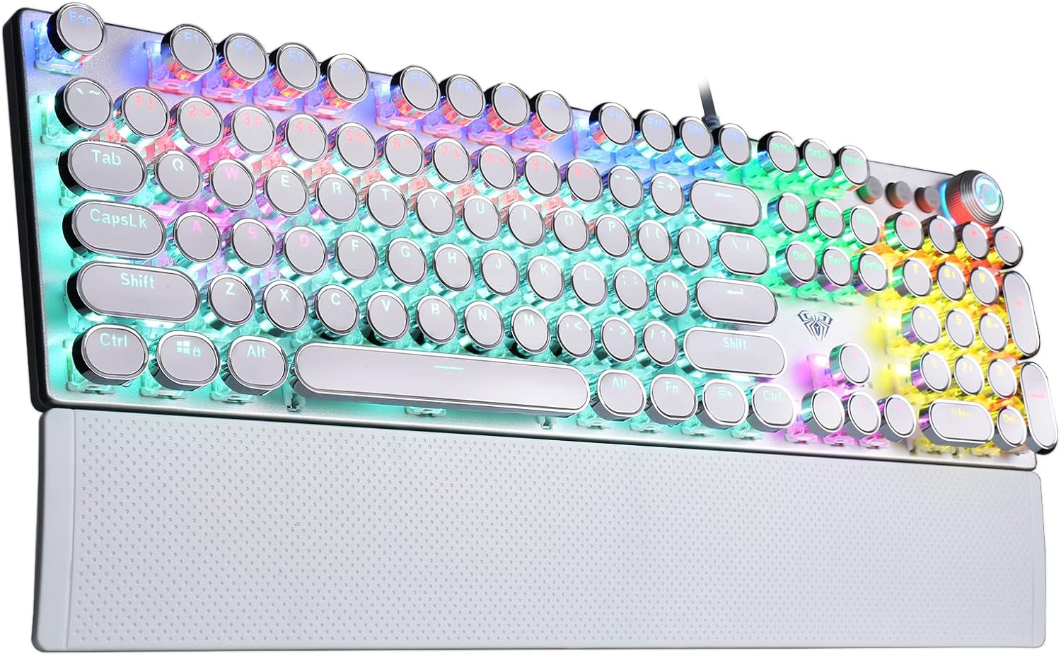 F2088 タイプライタースタイル メカニカル ゲーミングキーボード レインボー LED バックライト 取り外し可能なリストレスト メディアコントロール ノブ レトロ パンク ラウンド キーキャップ