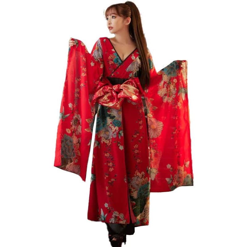 【高級ライン】 花柄 ロングINミニスカート シフォン 豪華 帯 リボン 花魁 着物 ドレス コスプレ イベント ハロウィン [1216]