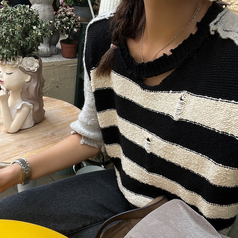 2color レディース トップス ボーダー配色ダメージカットソー サマーニット カットソー