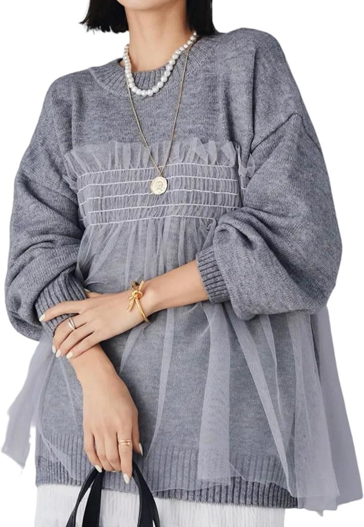 レディース 春 トップス ニット ゆったり 可愛い 大人 清楚 透明 清潔 清潔感 クルーネック 夏 5S-M02(グレー, XL)