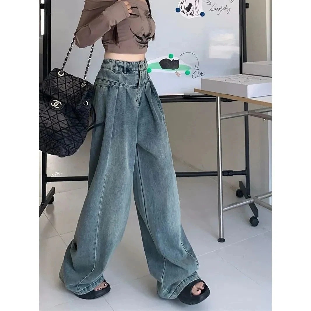 ワイドパンツ デニム ジーンズ レディース 秋 肉隠し ハイウエスト ゆったり ドレープ ウォッシュド パンツ 美脚 韓国