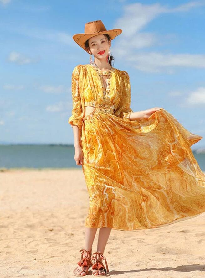 速達!ハワイ リゾートワンピース マキシ丈 長袖 胸開き ゴムウエスト 体型カバー 総柄 夏ワンピ ロングワンピース 沖縄 海外旅行 イエロー レディース マキシワンピース おしゃれ 大人可愛い 細見