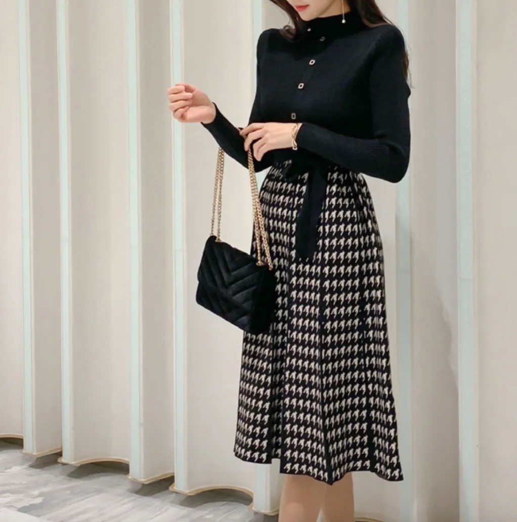 ワンピース プリーツ Aライン ロング ミモレ タートルネック 長袖 切り替え 前ボタン ウエストリボン ベルト エレガント 大人可愛い きれいめ 上品 千鳥柄 春 秋 冬デート お出かけ