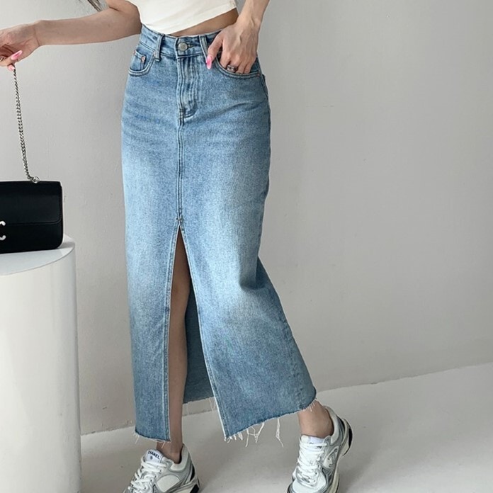 スカート ボトムス レディース デニムスカート ロングスカート 膝下 ロング タイト スリム 細身 ストレート Iライン スリット ハイウエスト 前開き ヴィンテージ アメカジ ダメージ ウォッシュ