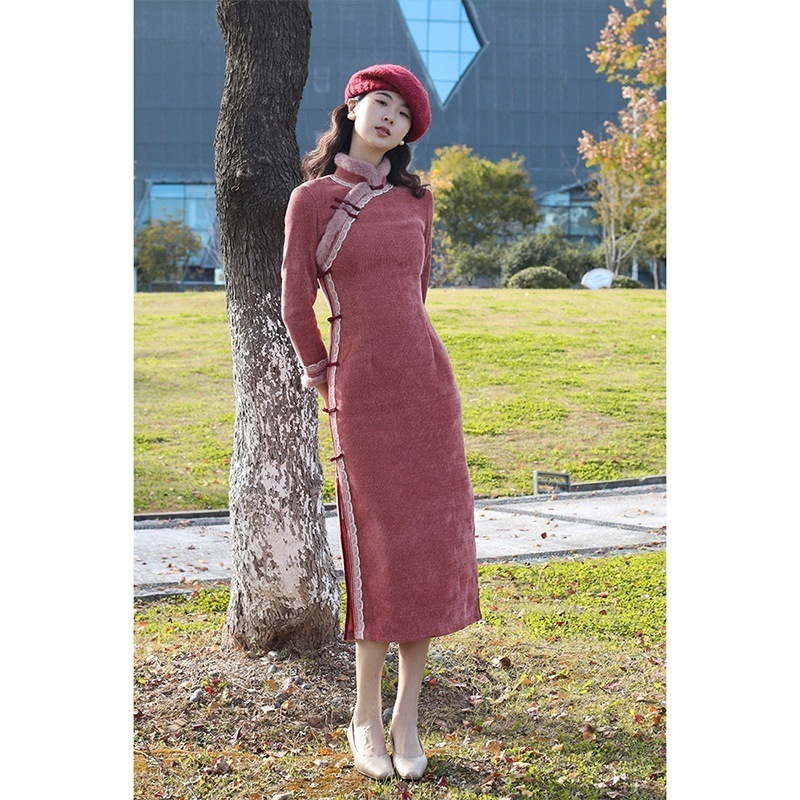 ワンピースドレスドレスドライズドライローズ毎日の改善レトロな秋と冬の長袖チョンサム女性のための新しいスタイルのドレス