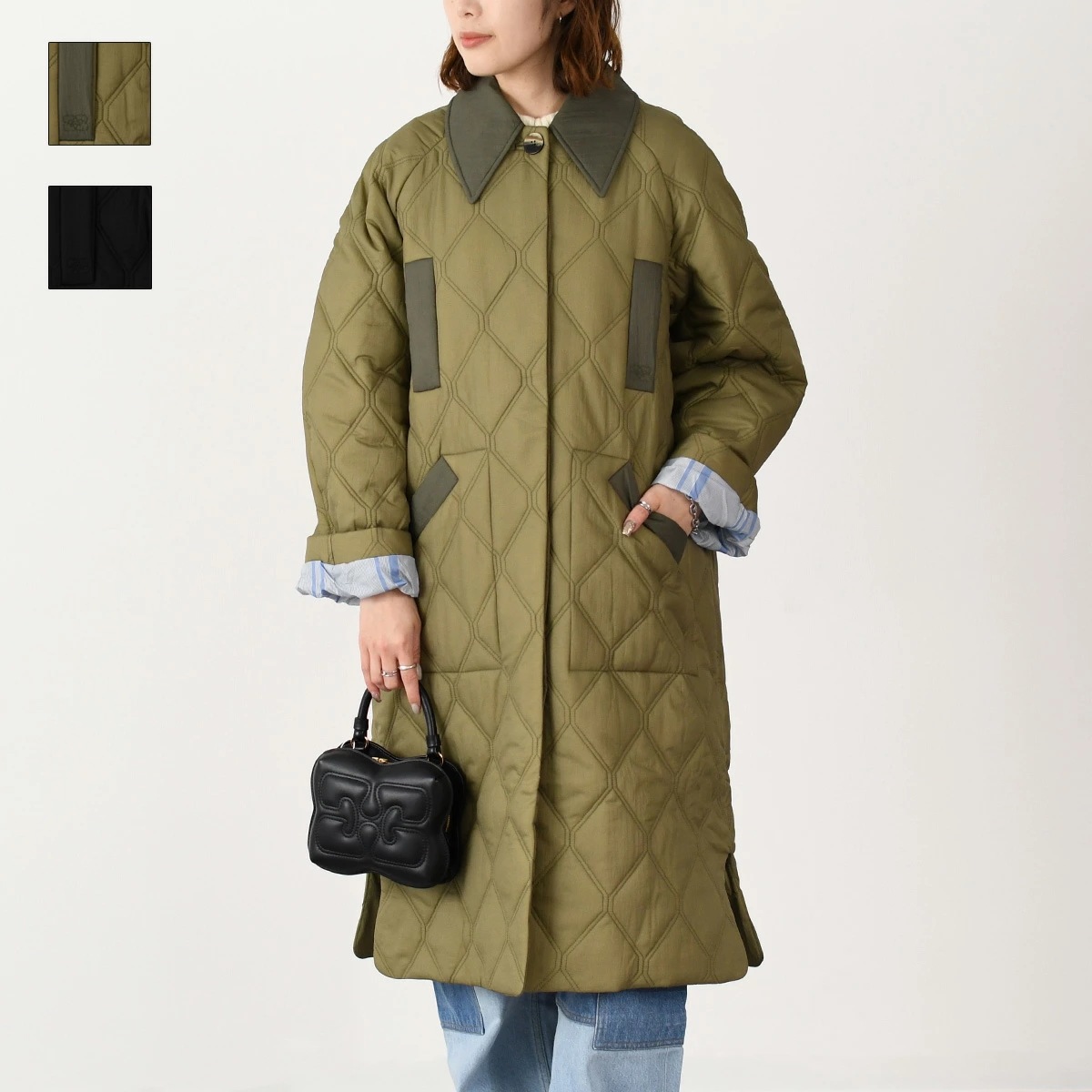 アウター ジャケット QUILT RAGLAN MIDI COAT F9206 F9624 レディース カーキ ブラック キルティング 襟 ボタン