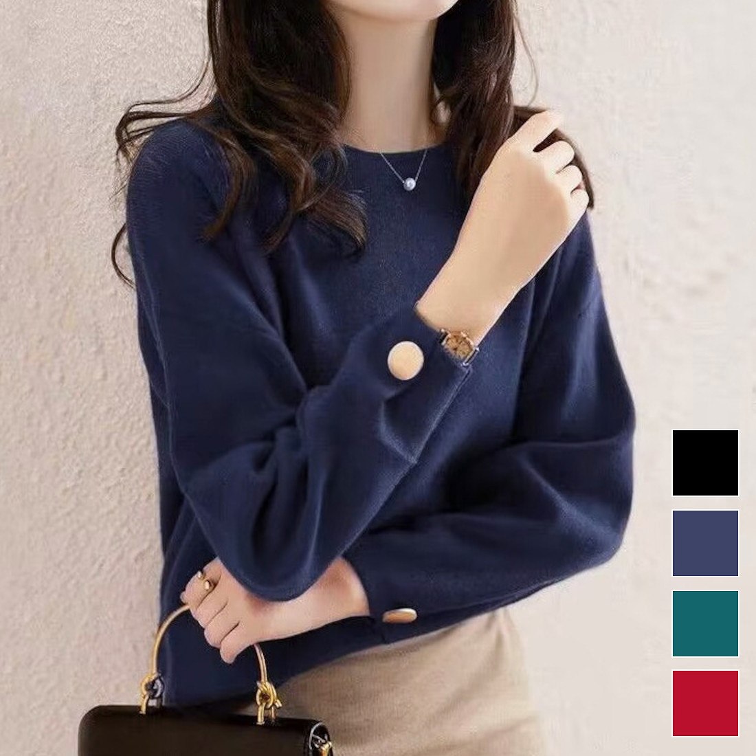 袖ボタンきれいめセーター ニット 長袖 トップス シンプル 大人女子 上品 きれいめ ボタン OL