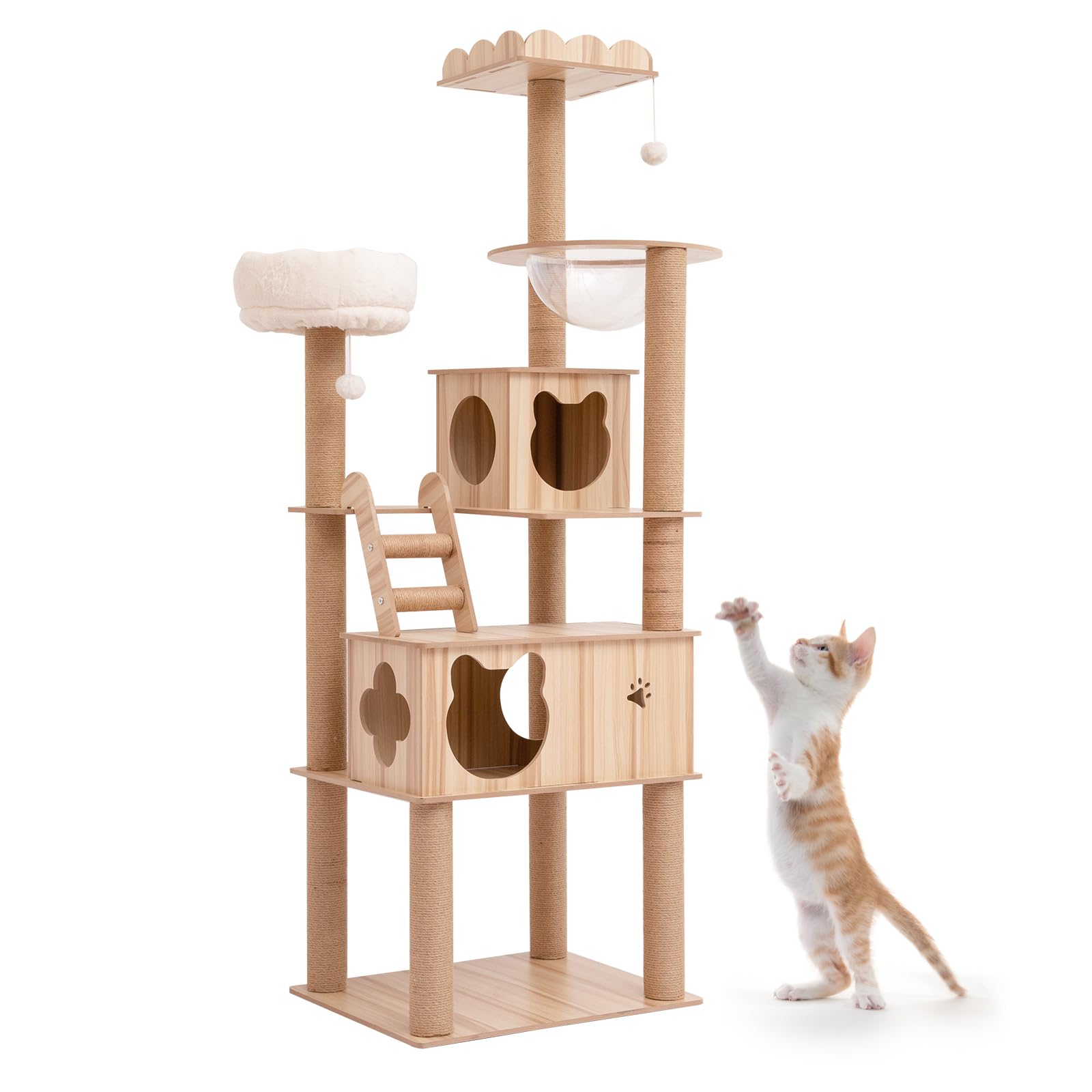 PETTOM キャットタワー 猫タワー 大型猫用 ねこハウス 木製 多頭飼い 据え置き 高い安定性 丸角設計 可愛いデザイン 省スペース (180cmタワー)