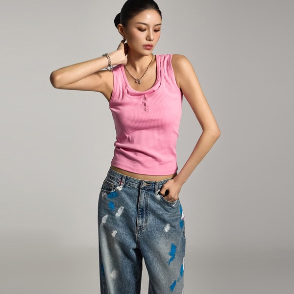 E3791 レイヤード スリーブレス トップ