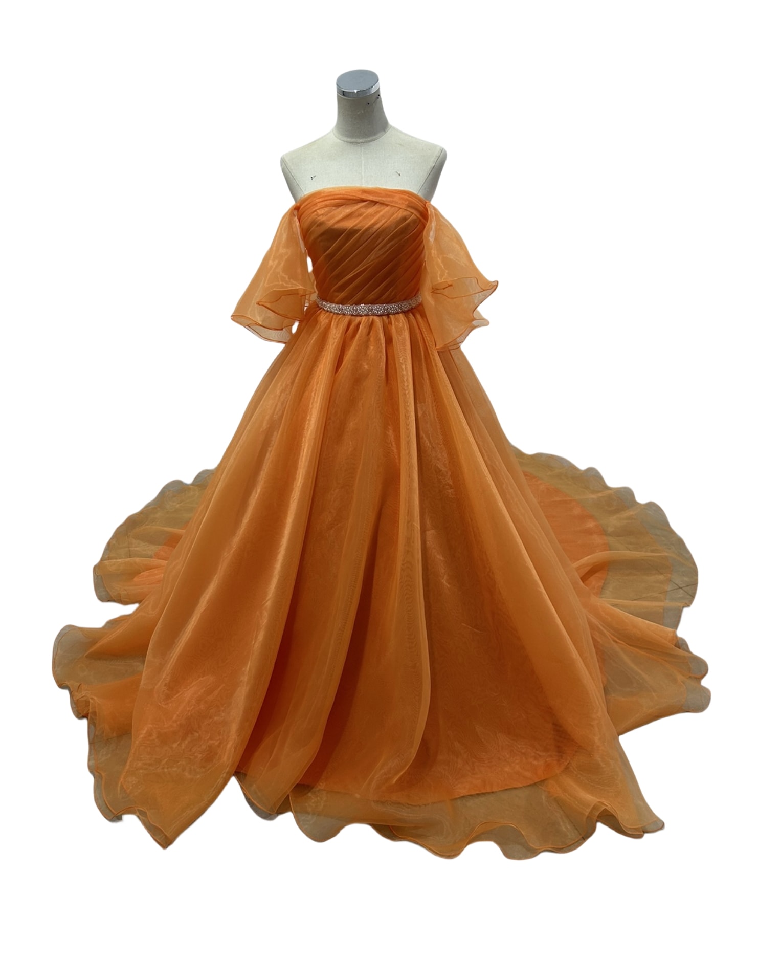カラードレス オレンジ オーバードレス パフスリーブ ベルト ふわふわ ロングトレーン 披露宴