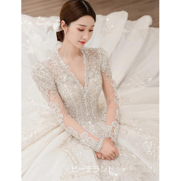 ウェディングドレス 袖あり 長袖 Vネック 花嫁ドレス トレーンドレス 豪華 エンパイアドレス キレイめ 結婚式ドレス ロングドレス Aライン 海外挙式 編み上げ