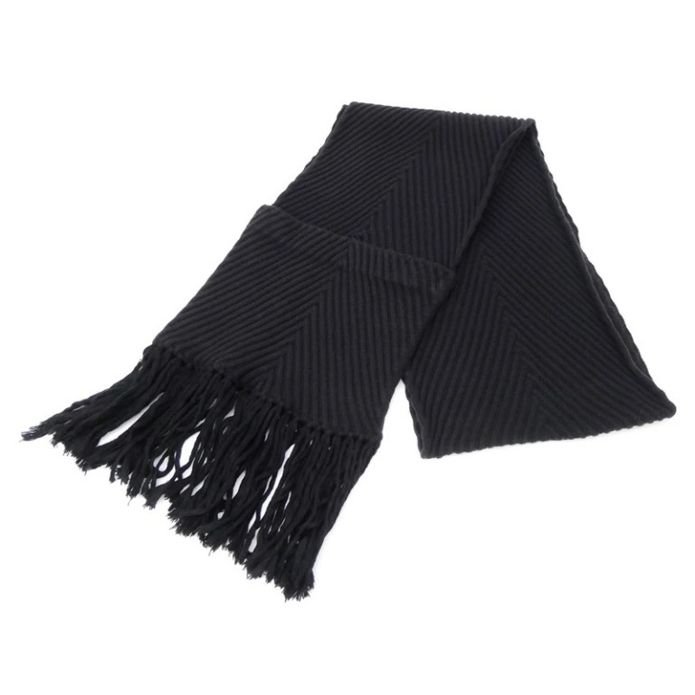 ルイ・ヴィトン LOUISVUITTON ポケット付きマフラー フリンジ 黒 ウールカシミヤ 【中古】(69502)