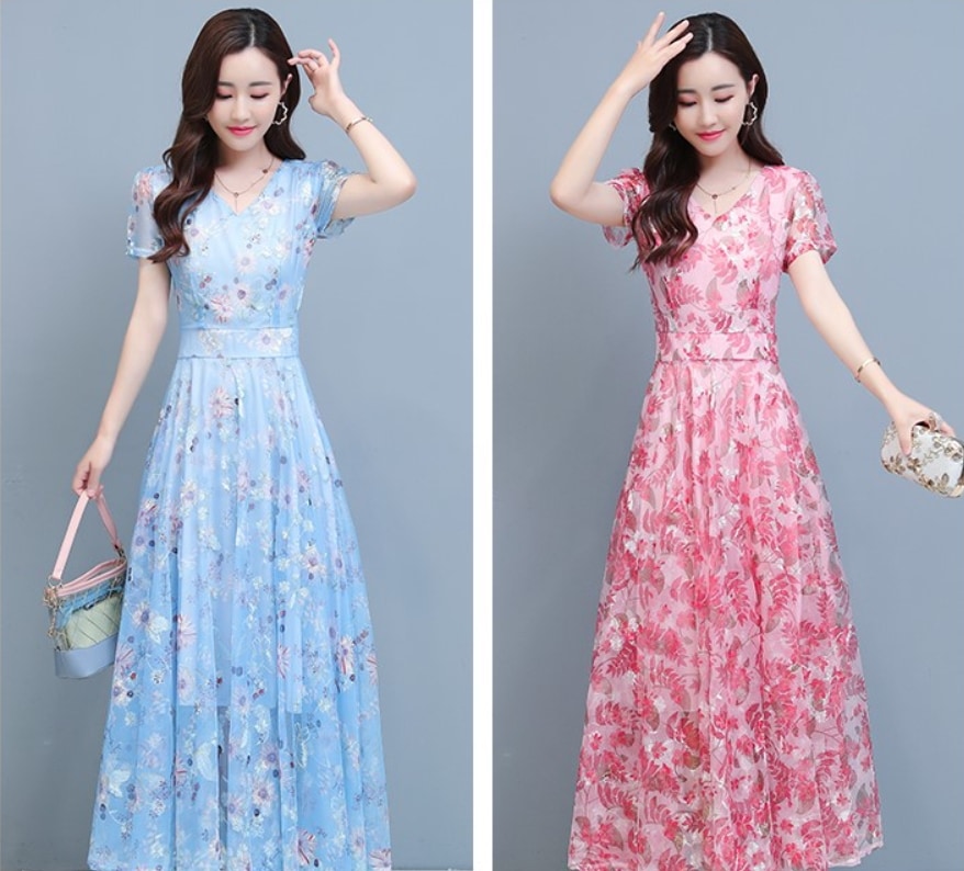 ワンピース ワンピドレス ロング丈 袖あり 半袖 Vネック Aライン シフォン ウエストマーク ファスナー ハイウエスト 透け感 ポリエステル きれいめ 上品 レトロ 大人女子 エレガント 主役級