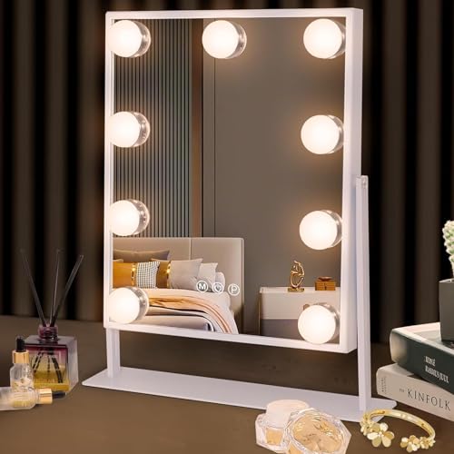 女優ミラー ハリウッドミラー 卓上ミラー 化粧鏡 ライト付き LED 鏡 卓上 ミラー 9御個電球 明るさ調節可能 三色切替 無段階調光 記憶機能付き 360度回転 広大鏡 給電式 白い 25*30c