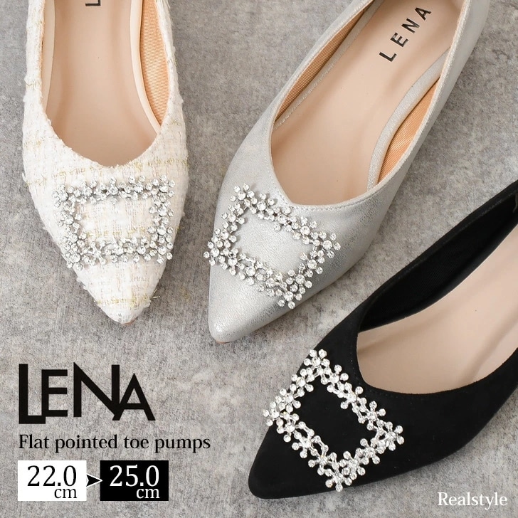 ポインテッドトゥ LENA ビジュー バックル モチーフ フラット パンプス レディース ぺたんこ 靴 歩きやすい 疲れにくい スエード メタリック ツイード ローヒール 1cm フェイクレザー おし