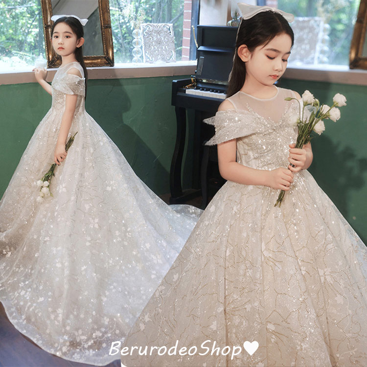 ピアノ発表会ドレス 子供ドレス スパンコール キラキラドレス 素敵 キレイめ 女児ドレス トレーンドレス 演奏会ドレス 女の子 白 ホワイトドレス オフショルダー 肩出し キッズドレス 子どもドレス