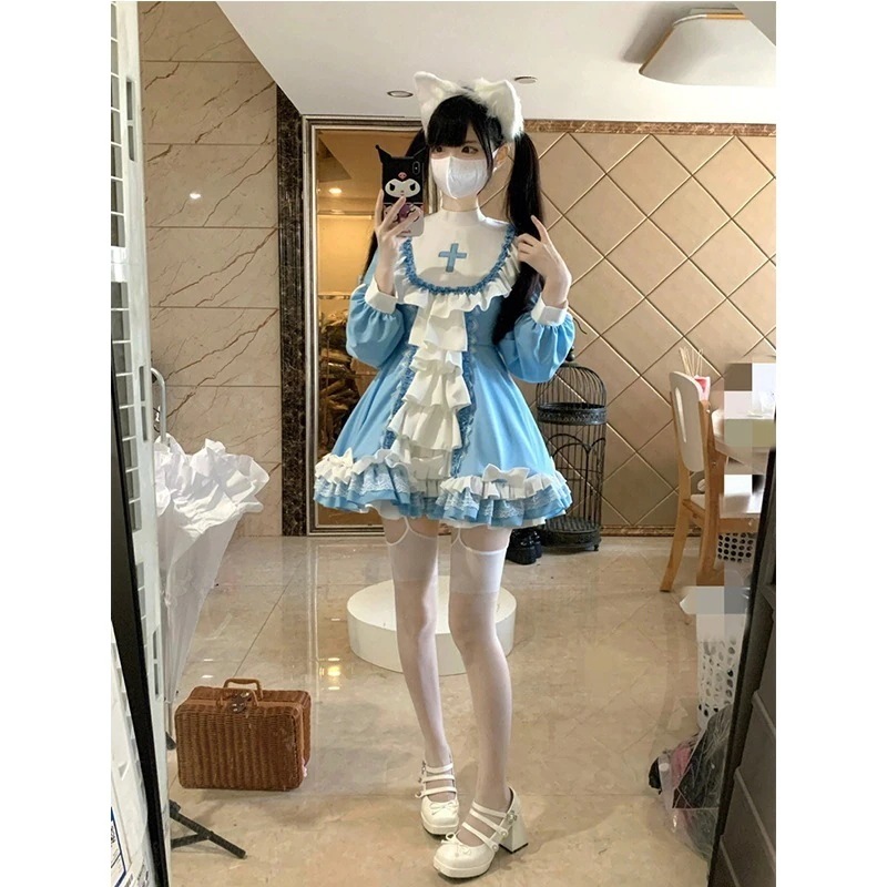 ゴス修道女ロリータ青と白のドレス女性ソフトガールドレスロリータスカート
