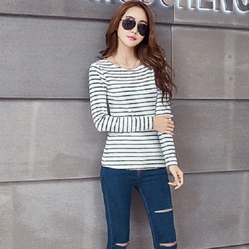 2014.長袖ボーダーシャツトップス(ホワイトグリーン)