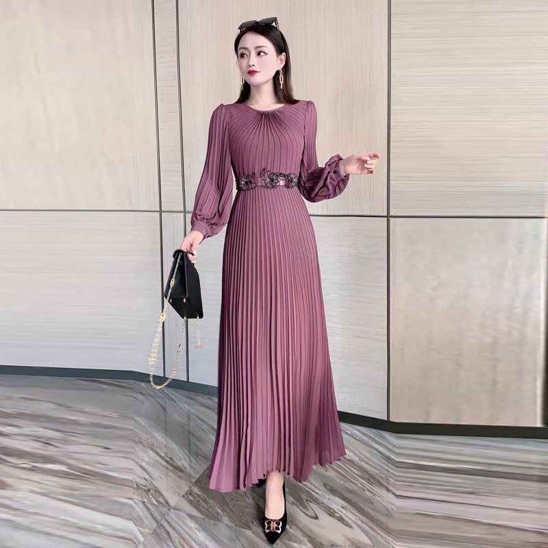 キレイめ エレガント スカート ワンピース デート ワンピドレス プリーツワンピース ロング ロング丈 袖あり 長袖 Uネック ラウンドネック スリム タイト プリーツ ベルト かわいい 大人可愛い