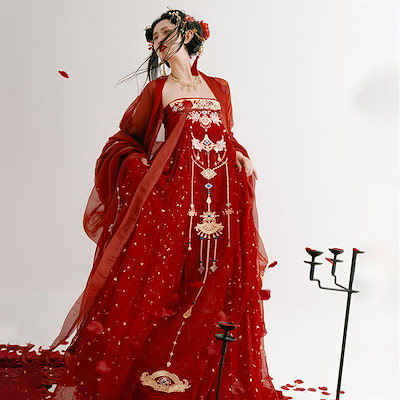 漢清岳漢服女性[紅代]花結婚式胸丈ルスカート重工業刺繍大袖シャツ秋冬 セットアップ