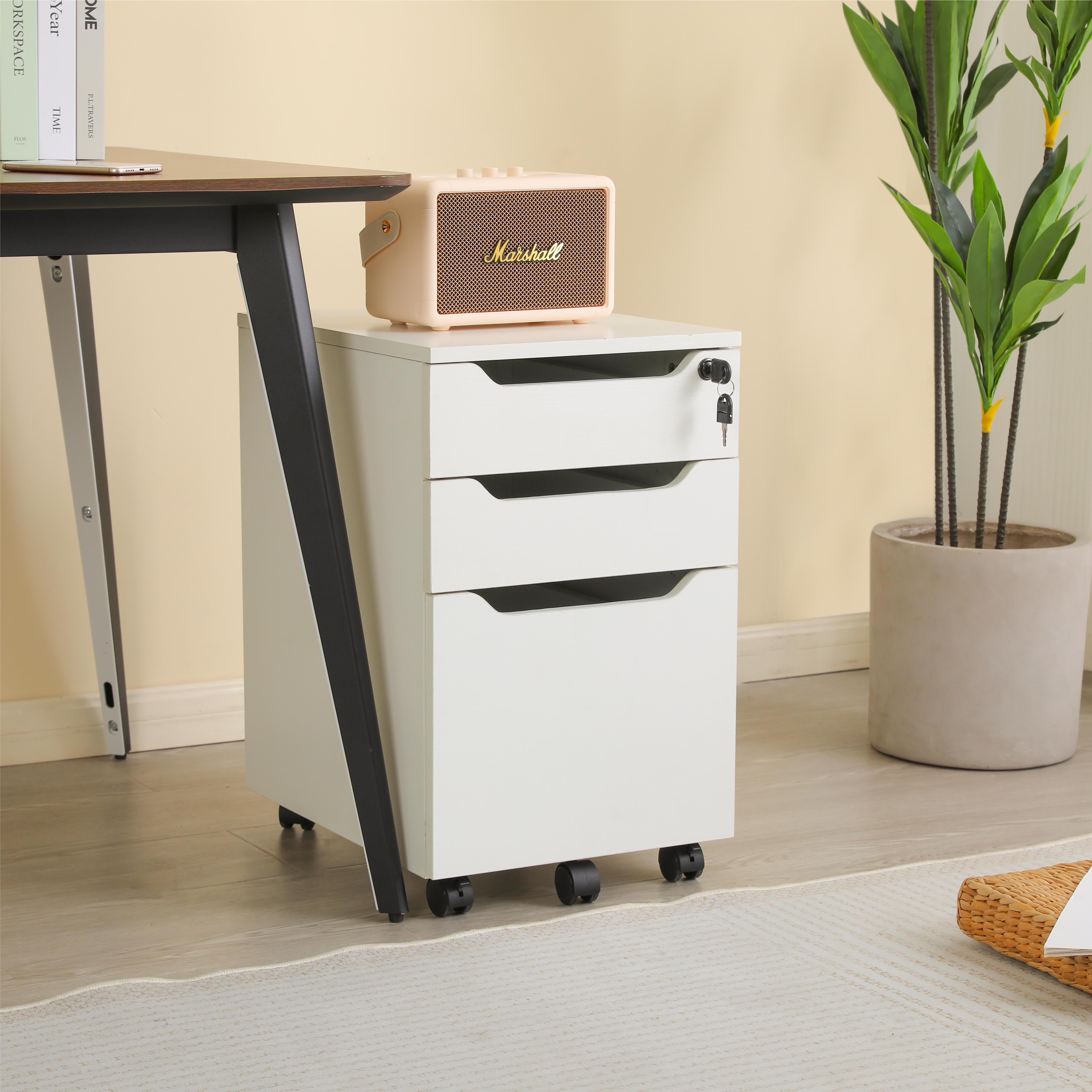 【当日発送&送·料·無·料】【人気商品】デスクワゴン サイドワゴン ラック　鍵付き キャスター付き 脇机 オフィス ホワイト