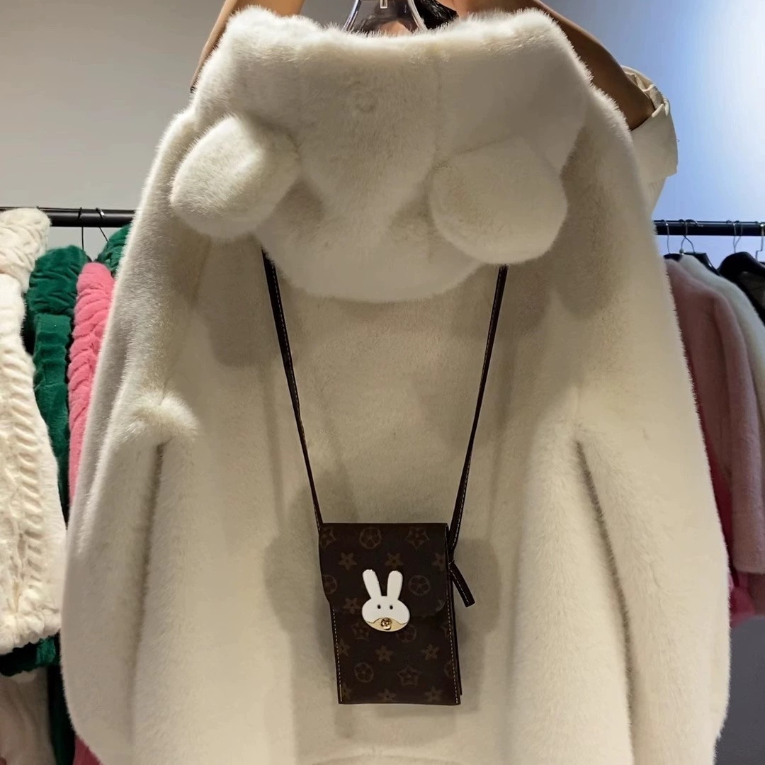 くま耳 フェイクファー ヨーロッパミンク風 フード付き ロング丈