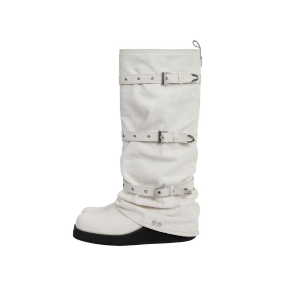 TREEMINGBIRD Bold Wrinkled Belted Long Boots White TM2