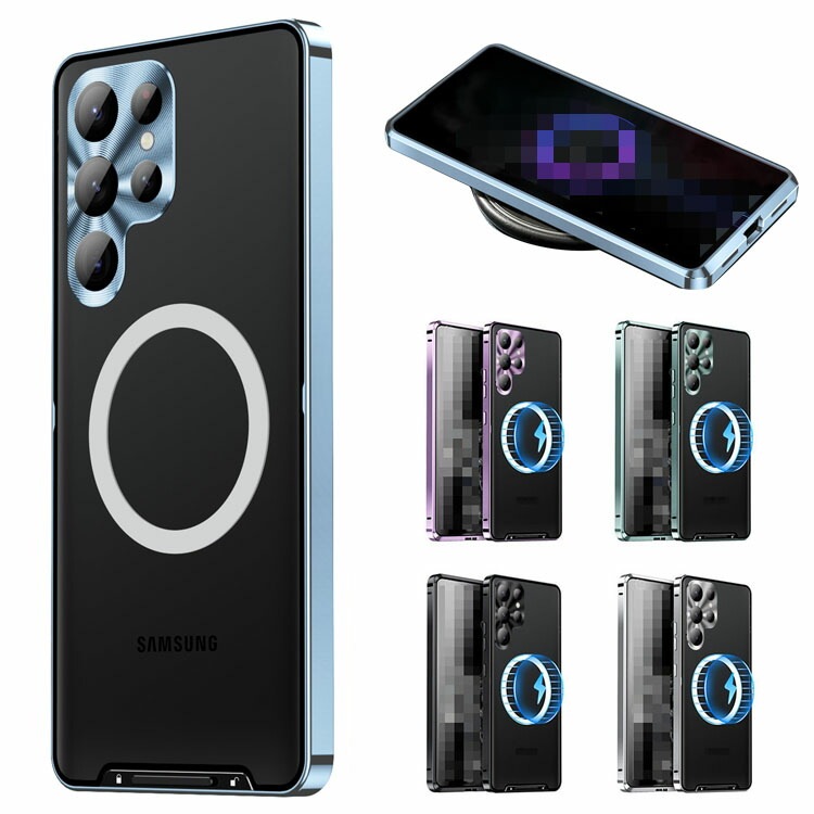 Galaxy S25 バンパー ケース Qi充電 ワイヤレス充電 対応 アルミバンパー S25+/S25 Ultra かっこいい クリア 半透明 マット仕様 背面パネル (アクリル) カメラレンズカバ