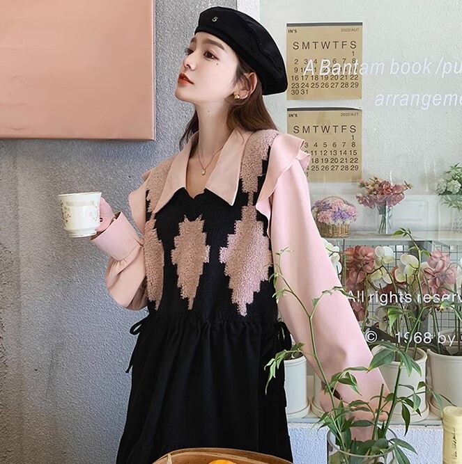 ワンピース フェイクツーピース ワンピドレス ロング丈 長袖 パールボタン かわいい 大人可愛い きれいめ カジュアル 大人 上品 おしゃれ お洒落 かっこいい 大人女子 ラブリー キュート ガーリー