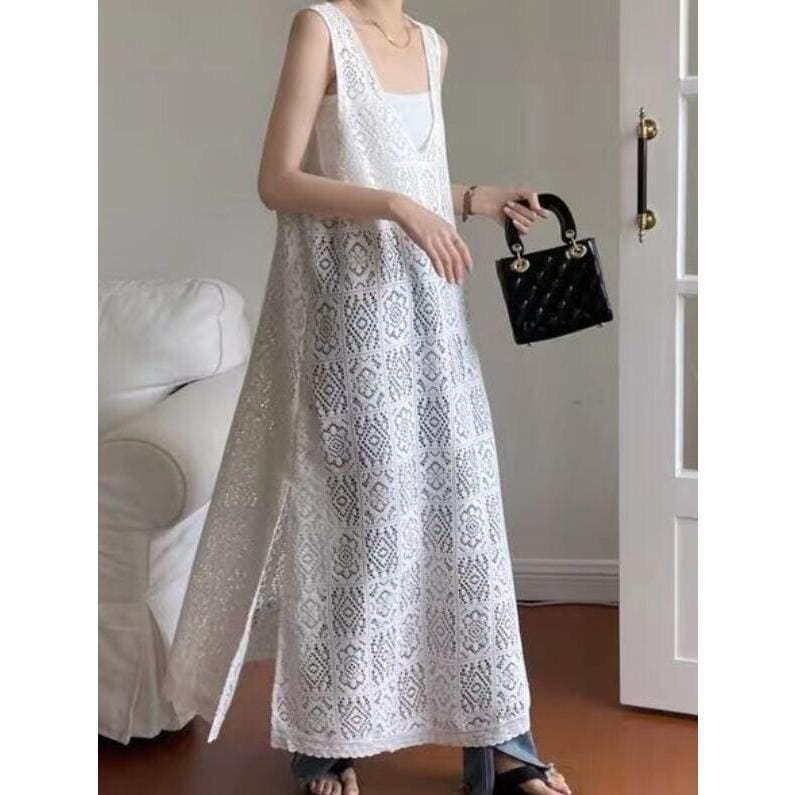 ワンピース 春夏 レディース 重ね着 ジャンパースカート ベスト ロングベスト ロングワンピース ジャンパースカート ジャンスカ 大人可愛い 透け感