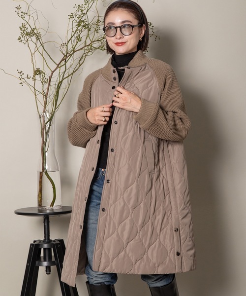 ダウン ダウンジャケット 袖ニット　キルティング ドッキングコート レディース