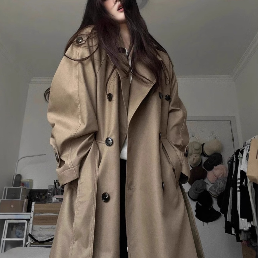 レディースミドル丈トレンチコート2025春秋新作韓国風小ぶり英国風高級カーキコート