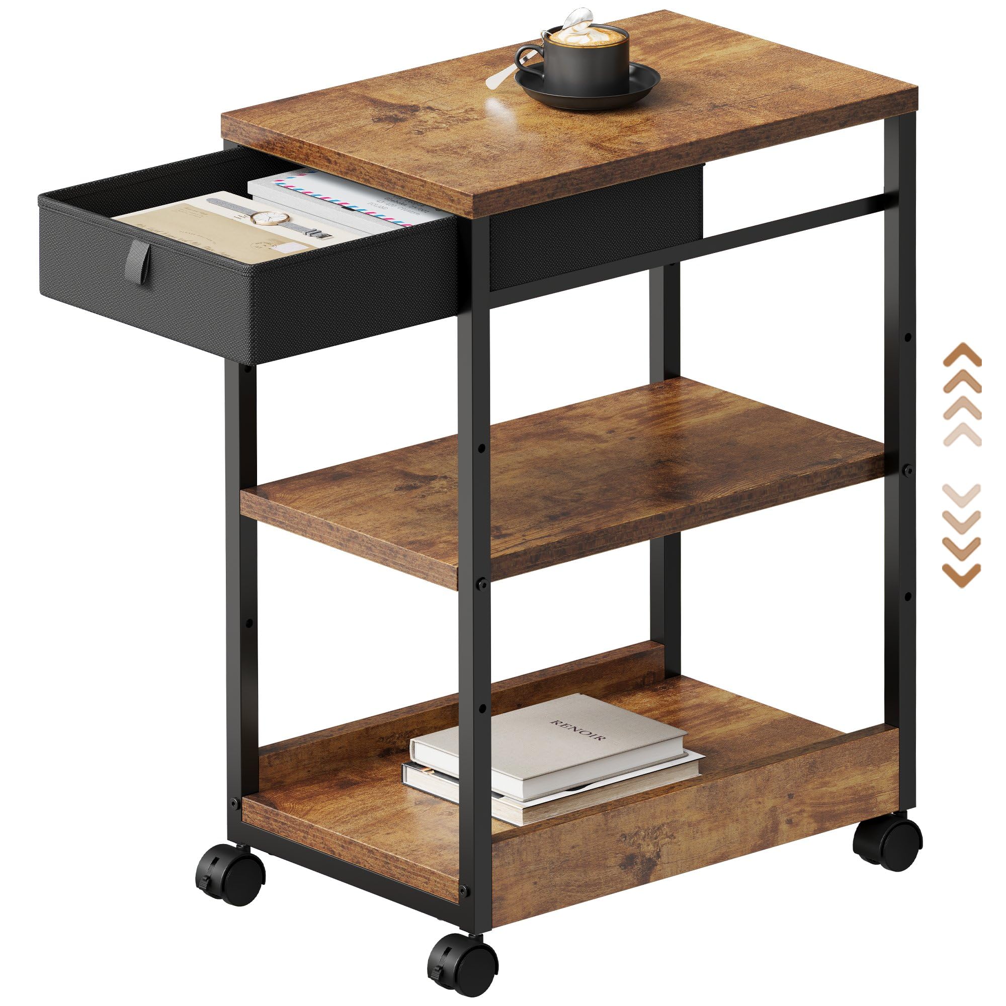 パソコンラック サイドワゴン 引き出し付き サイドテーブル pcラック キャスター付き pcワゴン 板は調節可能 プリンター 袖机 PC本体収納 袖机 幅300*奥行480*高さ6 75088