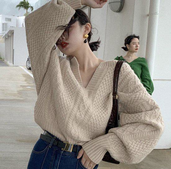 ニット レディース セーター ニットセーター 長袖 長袖ニット 長袖セーター Vネック ケーブル編み リブニット ケーブル スリーブ オフショルダー シンプル 無地 冬 ケーブルニット トップス おし