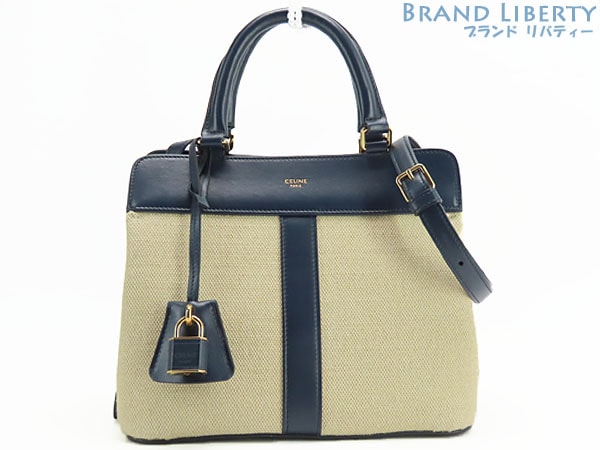 ほぼ新品セリーヌスモールカバドゥフランス2WAYハンドバッグ斜め掛けショルダーバッグベージュネイビー191962DJV.01NA