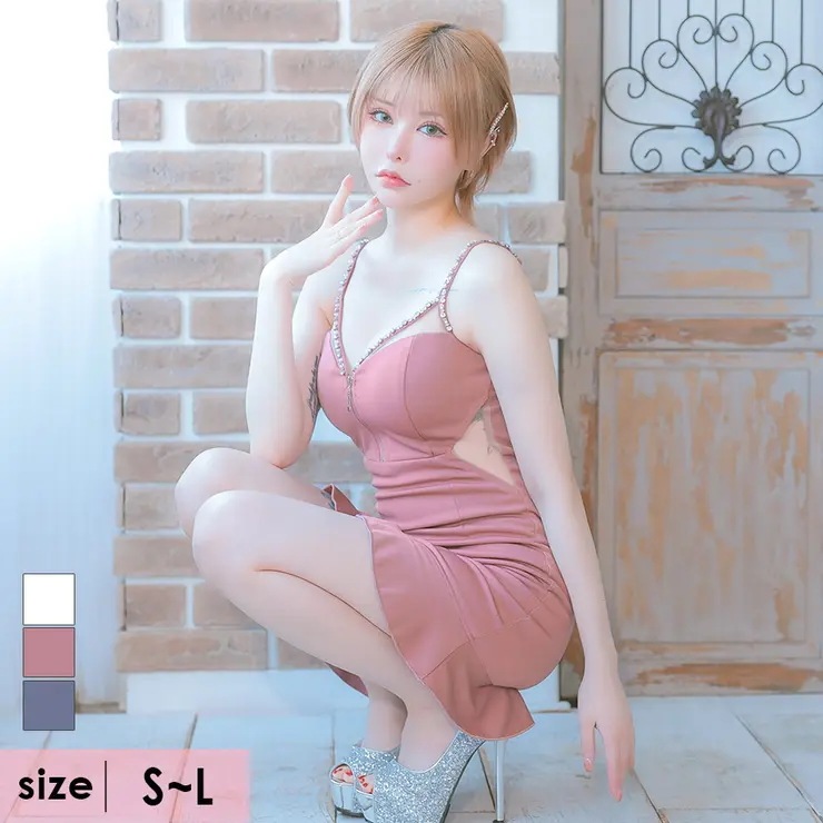 Tika キャバドレス ビジューコードショルダーハーフジップ×サイドカットタイトミニドレス ガーリードレス セクシードレス タイトドレス 袖なし キャミソール S-Lサイズ ホワイト ダスティピンク