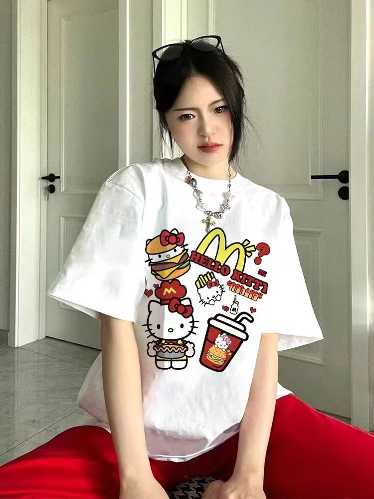 12.全国トレンドレトロハローキティマイメンプリント半袖tシャツ女性用夏カップル向けゆったりコットントップス