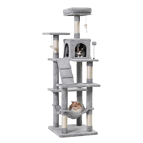 Mwpo キャットタワー ハンモック 多頭飼い 人気 据え置き スリム設計 木製 ベージュ ベッド 多頭飼い (高さ162cm) 130B