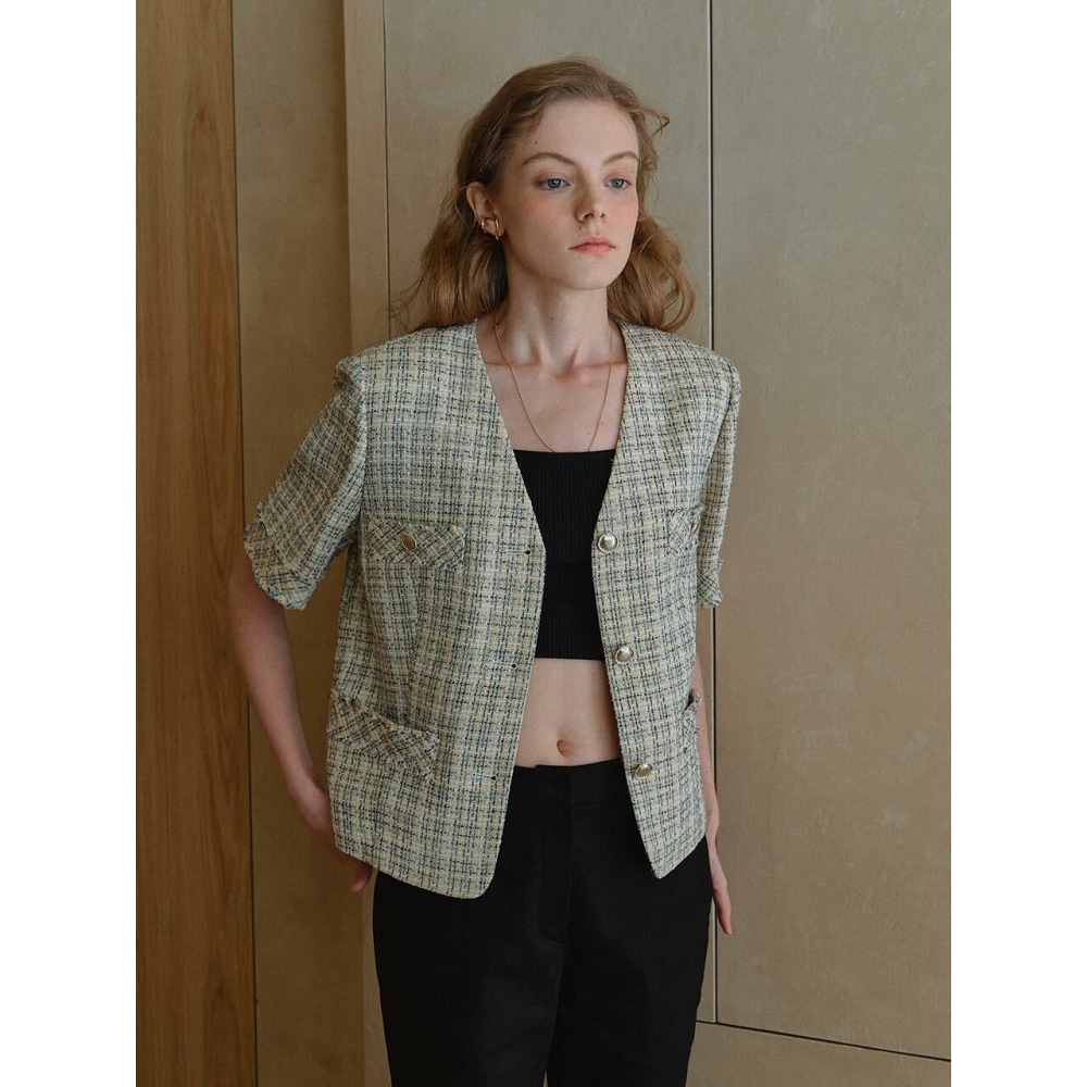 LOEUVRE 半袖ツイードクロップジャケット SW1MJ201 52