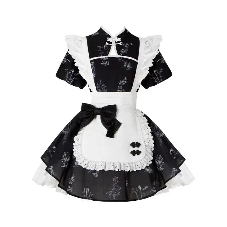 ロリータ竹枝プリントOPワンピースワンピース花嫁リボンエプロンポンポンプリンセススカートロリータメイド服