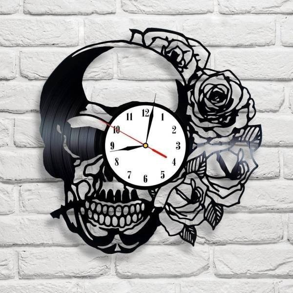 厳選素材レコード盤壁掛け時計 スカル ドクロ ガイコツ ローズ バラ 人気 おしゃれ シルエットデザイン インテリア ディスプレイ 輸入雑貨