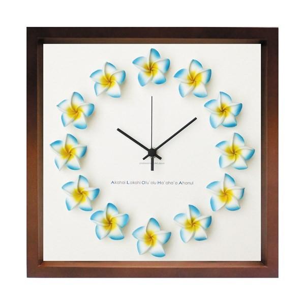 壁掛け時計 アートパネル おしゃれ ハワイ 南国リゾート プルメリア 花 かわいい 木枠 ウォールクロック ブラウン