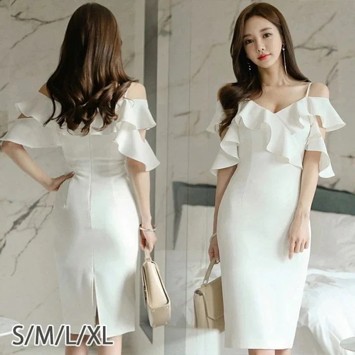 【急速出荷!】クラブドレス ワンピース レディース vネック ベアトップ ロングワンピース フリル キャミソール オフショルダー ひざ丈 スリット ウエスト Aライン 夏 20代 30代 40代 50