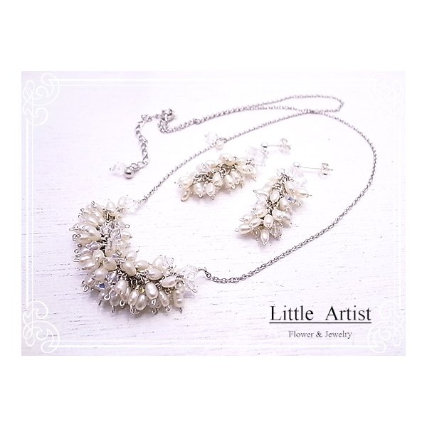もみの木 Party stardust ネックレス /ピアス (イヤリング) 淡水パール スワロフスキー 天然石 アクセサリー 手作り Little Artist リトルアーティスト la-26
