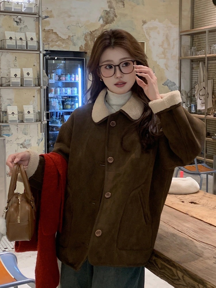 2025 秋冬 2wayアウター あったか スエード調 スウェード 襟付き裹起毛ジャケット厚手防寒 暖かい羽織るテディベア かわいい フェイクムートン長袖裏サイズシルエット韓国ファッションレディース